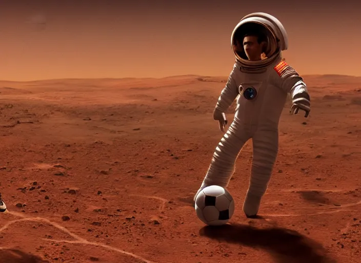 Image similar to ! dream ultra realistic illustration, a soviet astronaut playing soccer on mars, mars landscape, elegant, highly detailed, artstation, concept art, smooth, sharp focus, moody, dramatic lighting