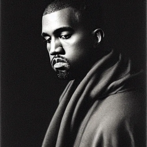 Image similar to a chiaroscuro lighting portrait of kanye west dressed in rick owens clothing, black background, portrait by julia margaret cameron, shallow depth of field, 8 0 mm, f 1. 8