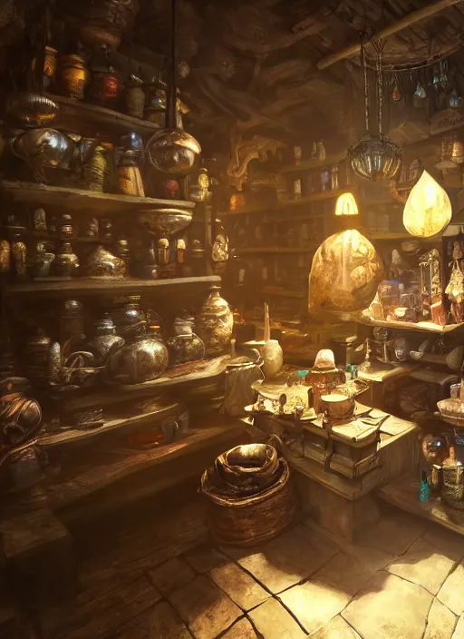 Image similar to potion seller in his store selling potions, ultra detailed fantasy, elden ring, realistic, dnd, rpg, lotr game design fanart by concept art, behance hd, artstation, deviantart, global illumination radiating a glowing aura global illumination ray tracing hdr render in unreal engine 5