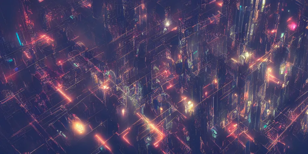 Image similar to i, a cyberpunk city seen from above, mist, rain, neon light, giant aircrafts, trending on artstation