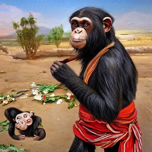 Image similar to beautiful painting by sophie anderson of a chimpanzee wearing traditional men kurdish clothes baggy pants and white shirt with a large sash tied around the waist in a kurdish village, award winning art, insanely detailed, bright colors, global illumination, cute, young, stunning