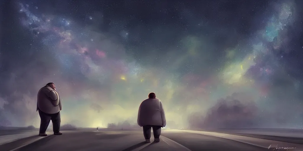 Prompt: fat man depressed in a lonely road, night, galaxy sky, by artgerm, rule of third