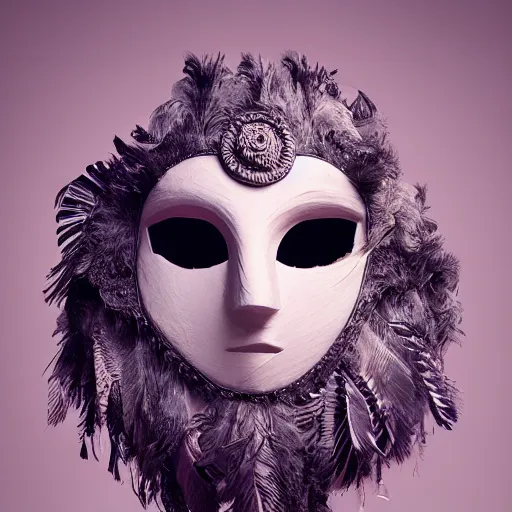 Image similar to an elaborate intricate mask made of feathers caught is a cloud vortex, rendered in octane, behance hd, bokeh backdrop