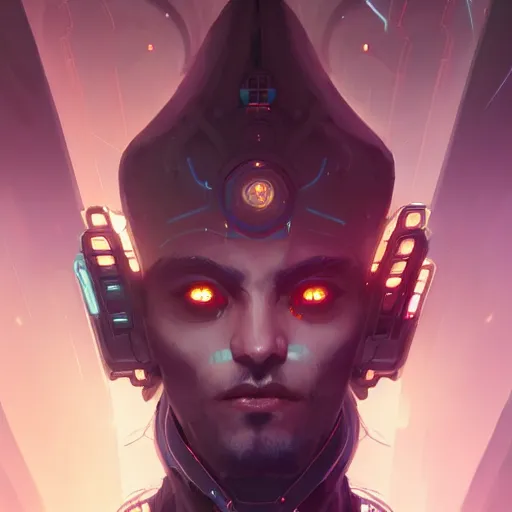 Prompt: a portrait of a handsome cybernetic soothsayer, cyberpunk concept art by pete mohrbacher and wlop and artgerm and josan gonzales, digital art, highly detailed, intricate, sci-fi, sharp focus, Trending on Artstation HQ, deviantart, unreal engine 5, 4K UHD image