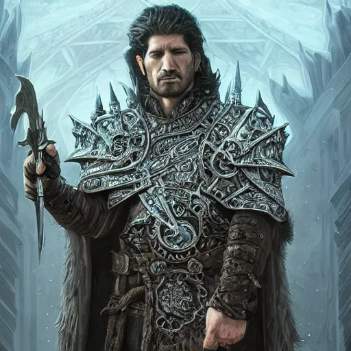 Image similar to [Jon Bernthal as the Lich King, closeup, D&D, intricate, elegant, highly detailed, digital painting, artstation, concept art, matte, sharp focus, illustration, art by Artgerm and Greg Rutkowski and Alphonse Mucha and Enki Bilal]