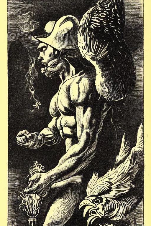 Prompt: 19th century wood-engraving of a confident muscular man with a chicken head for a head surrounded with flames, whole page illustration from Jules Verne book titled Stardust Crusaders, art by Édouard Riou Jules Férat and Henri de Montaut, frontal portrait, high quality, beautiful, highly detailed, removed watermarks