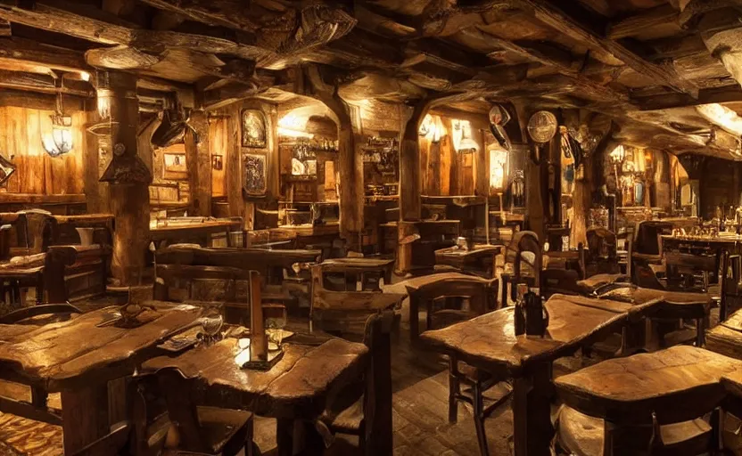 Image similar to medieval fantasy tavern, rowdy patrons, multiple races, steins of ale, ambient, atmospheric, adventurous, roaring fireplace