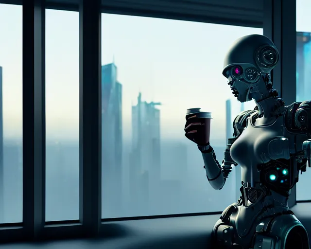 Image similar to armored female with biomechanical cybernetic body is drinking coffee near a window with dystopian city visible outside. very detailed 8 k. cyberpunk fantasy style. unreal engine render. global illumination. nanite. rtx. path tracing.