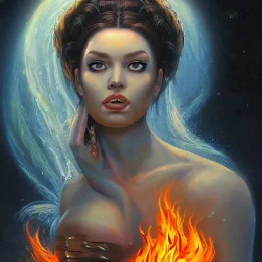 Image similar to A stunning portrait of a goddess with a body of flames by Jim Burns, 8K UHD, fantasy, Trending on artstation.