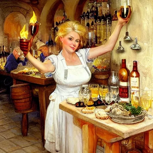 Prompt: hot blonde working in a wine cellar, food, pork, beer, schnapps, rustic, traditional, torches on the wall, painting by vladimir volegov and carl larsson