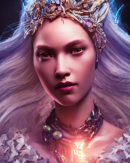 Image similar to beauteous sumptuous dark empress with incredible iridescent pearlescent voluminous hair, crystalline masterpiece incrustations, hyperdetailed face, elegant pose, movie still, cinematic forest lighting, intricate accuracy, octane render, cgsociety, artgerm, unreal engine, crepuscular rays, god rays