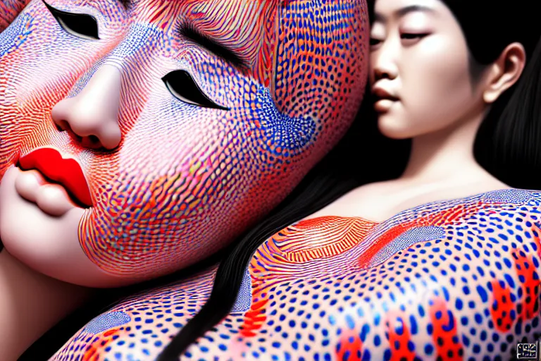 Prompt: hyperrealistic detailed image of a geisha laying in a art installation, high definition pattern design by yayoi kusama, part by kei mieno, part by alex gray, part by ross tran, part by james jean, ultra realistic, highly detailed, life like face, detailed body, 8 k, unreal engine 5, very cohesive