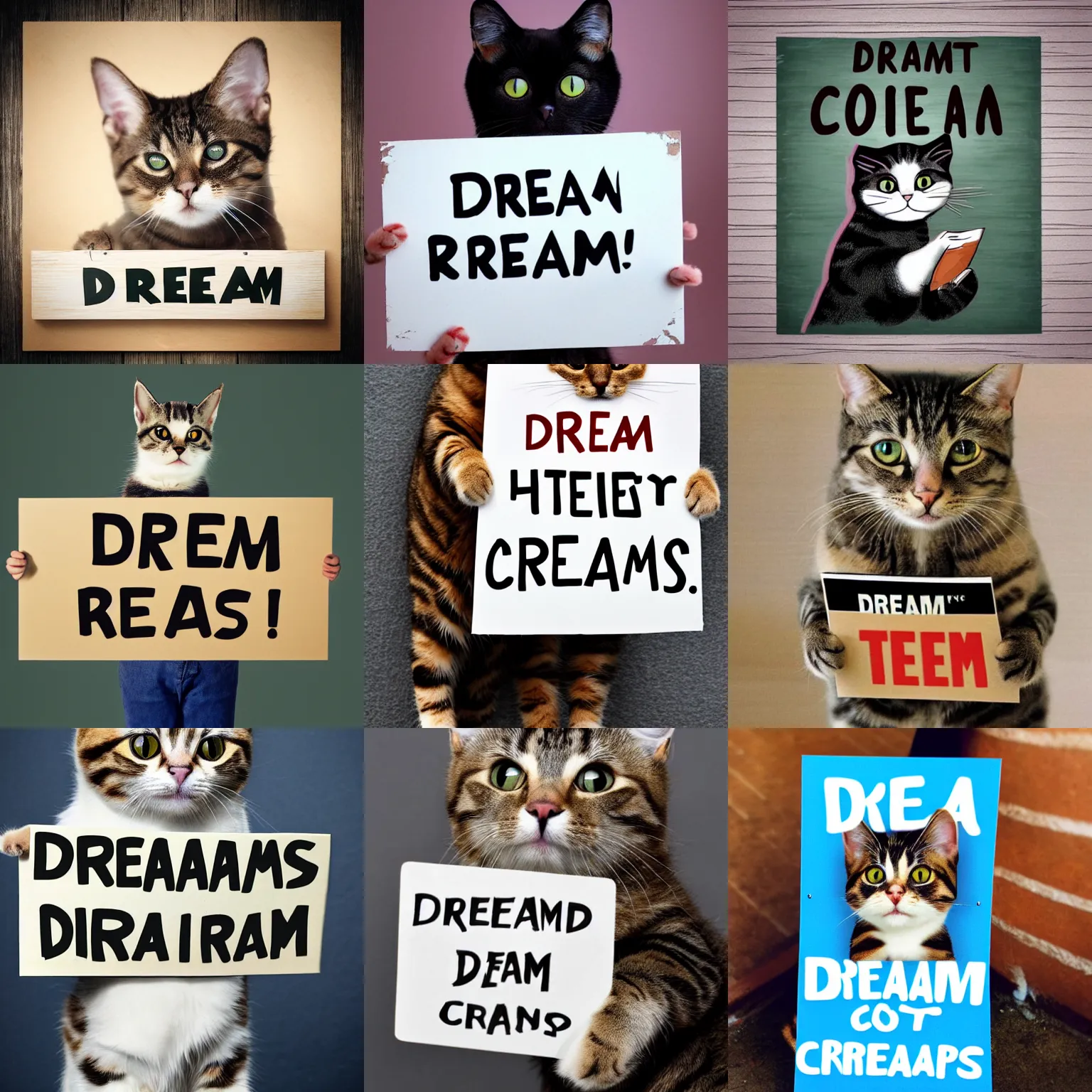 Image similar to realistic high quality photo of a cute cat holding a sign with text that reads : dream cats