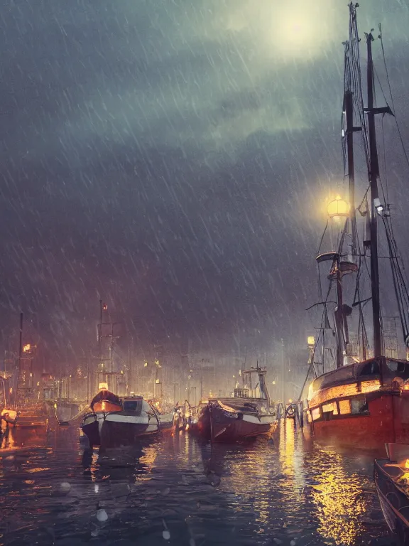Prompt: photo of 8k ultra realistic harbour, port, boats, heavy rain, , night, full of colour, cinematic lighting, battered, trending on artstation, 4k, hyperrealistic, focused, extreme details,unreal engine 5, cinematic, masterpiece, art by studio ghibli
