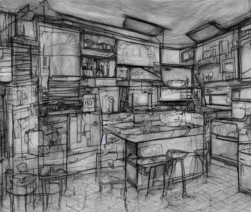 Image similar to An of interior of a kitchen at night, rotoscoped, rotoscope, photoshop, photomanipulation, realism, painting, illustration and sketch, weird scribbles, hybrid styles, hybrid art styles, mismatched, trending on artstation, trending on deviantart, weird, quirky, interesting, very detailed, highly detailed, HD Quality, 4k resolution, 8k resolution, in the style of David Firth, in the style of James Lee, in the style of Drue Langlois,