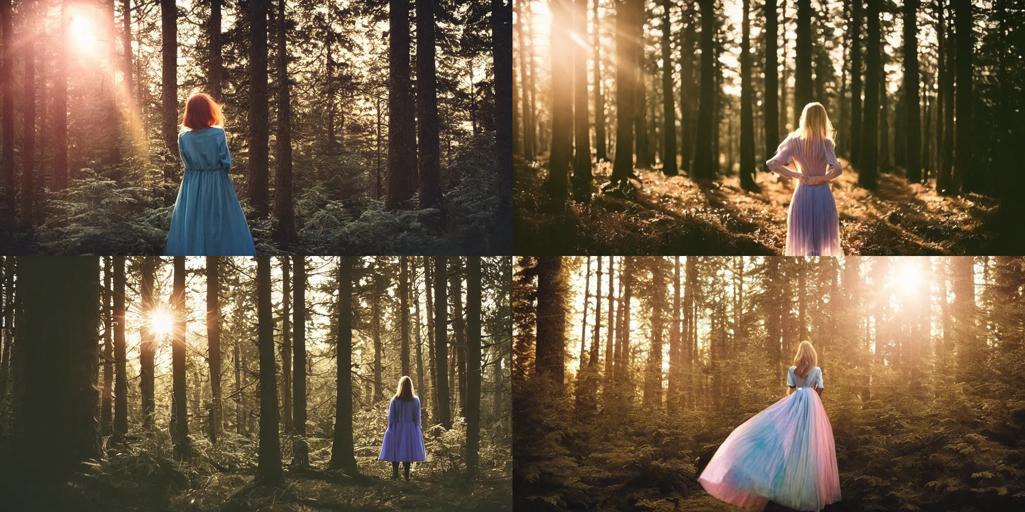 Prompt: photograph of a beautiful!!! woman! from the back standing in a dark pine forest by mark owen. scotland mood. pastel colors. kodak portra 4 0 0 film!!. whirl bokeh!. mamiya 7. highly detailed. hq. photoreal. golden hour. lens flare. faded film. in - frame
