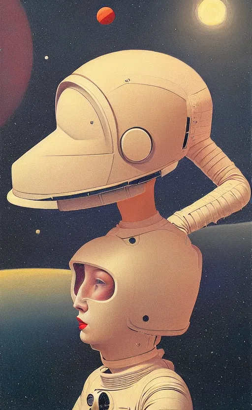 Image similar to portrait An astronaut girl wearing helmet with black lace dress, Edward Hopper and James Gilleard, Zdzislaw Beksinski, Mark Ryden, Wolfgang Lettl highly detailed