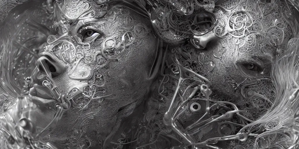 Image similar to hyperrealistic photography of a stunningly beautiful cyborg male, consciences being installed sci - fi, intimate, intricate filigree, fibonacci, in the style of beth cavener, jin kagetsu, and wlop, highly detailed, chrome face symmetry, masterpiece, award winning, sharp focus, concept art, high key, ambient lighting, 8 k, octane render,