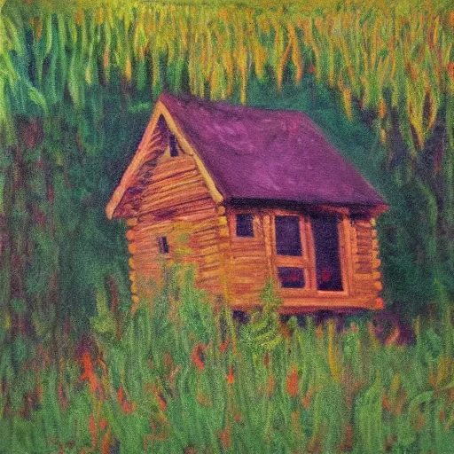 Prompt: a painting of a Eerie cabin in the middle of the woods in the style of Monet