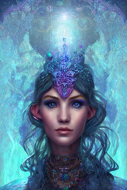 Prompt: portrait of jewel elf oracle physically accurate, moody dynamic lighting, very very intricate, very very elegant, highly detailed, digital painting, artstation, in the style of Rob Lefield and Dan Mumford , trending on artstation, digital art,surrealism ,macro,blueprint ,vaporwave ,