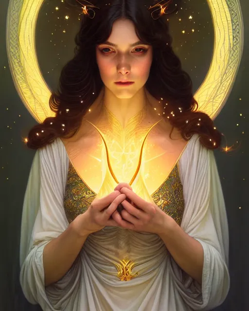 Image similar to symmetry portrait of brunette princess, glam, fae, fireflies, forest background, intricate, elegant, highly detailed, digital painting, artstation, concept art, smooth, sharp focus, illustration, art by artgerm and greg rutkowski and fra angelico and alphons mucha