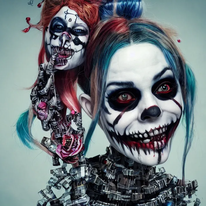 Image similar to portrait of Harley Quinn as a skeleton. intricate abstract. intricate artwork. nightmare fuel. by Tooth Wu, wlop, beeple, dan mumford. octane render, trending on artstation, greg rutkowski very coherent symmetrical artwork. cinematic, hyper realism, high detail, octane render, 8k, iridescent accents