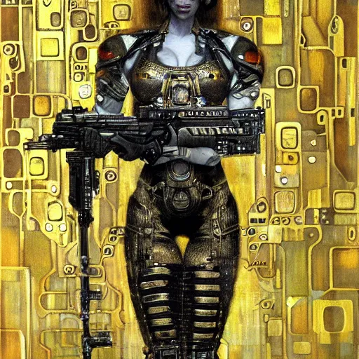 Image similar to cybernetic female supersoldier armed with laser rifle, intricate detail, klimt, royo, whealan,