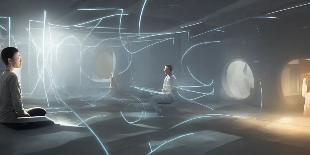 Prompt: a person in a holodeck, incredible concept art, meditating, zen atmosphere, eeg nodes on scalp, photography, photorealistic, studio lighting, many screens,