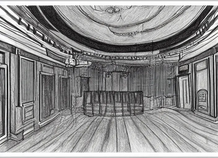 Prompt: pencil drawin of the inside of a old theater, creepy, haunted,