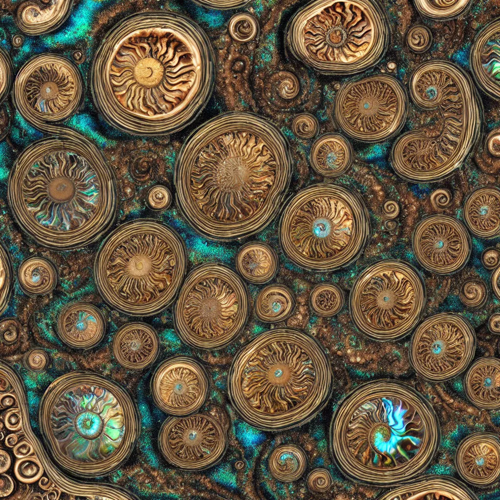 Prompt: bubbles in cresting oil slick waves, ammonites, abalone, art nouveau, rococo, organic rippling spirals, photorealistic octane render, patina copper art forms from nature by ernst haeckel