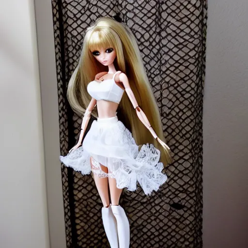 Prompt: anime barbie in white, on the banana, lace underwear, several dolls, stockings, white bra, full length, standing posture, full length, patterned clothing