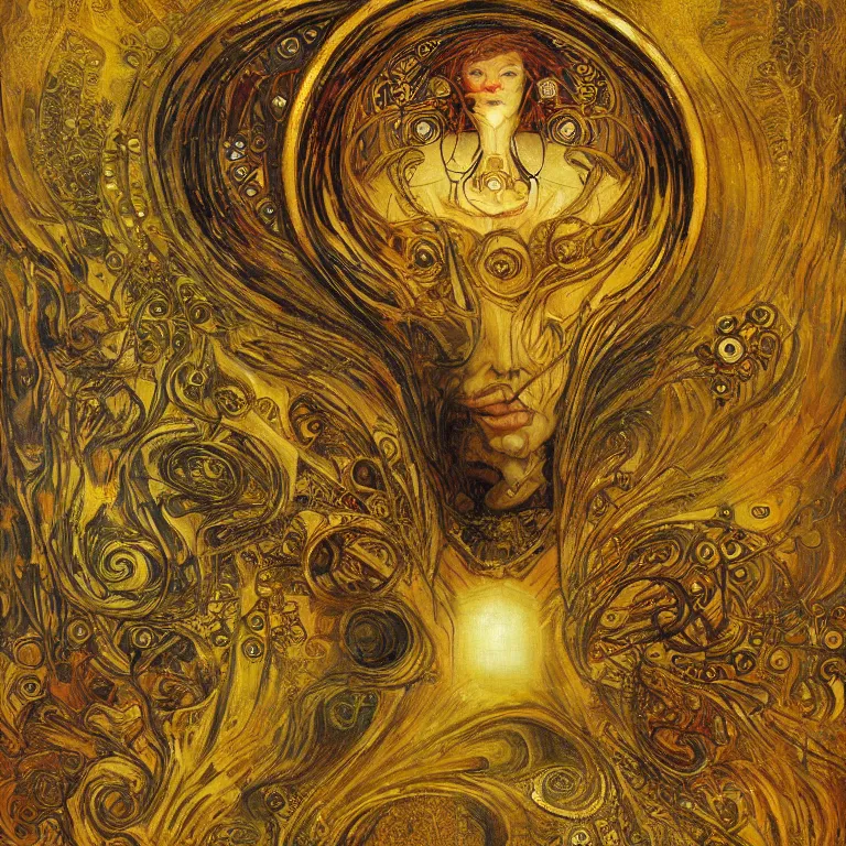 Image similar to Divine Chaos Engine by Karol Bak, Jean Deville, Gustav Klimt, and Vincent Van Gogh, celestial, visionary, sacred fractal structures, ornate gilded medieval icon, spirals, 8k 3D