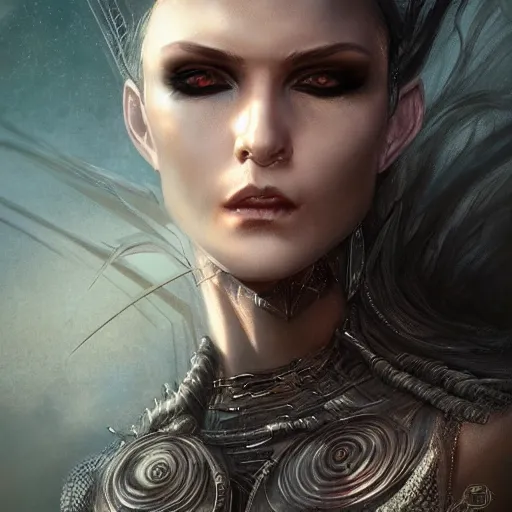 Image similar to kerli koiv, dune, darkwave, darksynth, character portrait, sharp, digital matte painting, art by luis royo, greg rutkowski, wlop, dramatic lighting, trending on artstation