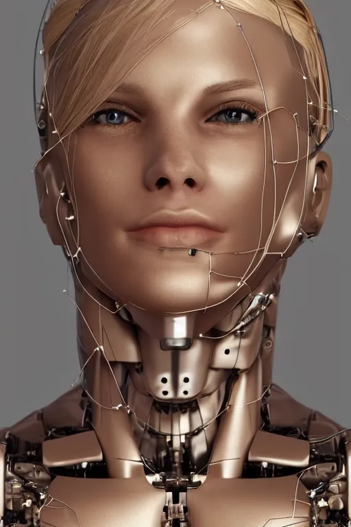 Image similar to robot with human face, female head, full body angle, woman human face, human face realistic, beautiful blonde hair, human head, human head with blonde hair, blonde hair human head, blonde hair, human realistic face, human head skin, cyborg frame concept, cyborg by ales-kotnik, sci-fi android female, the body is made of wires, robotic body, cyborg body, cyborg bust body, robot body cyborg, full body
