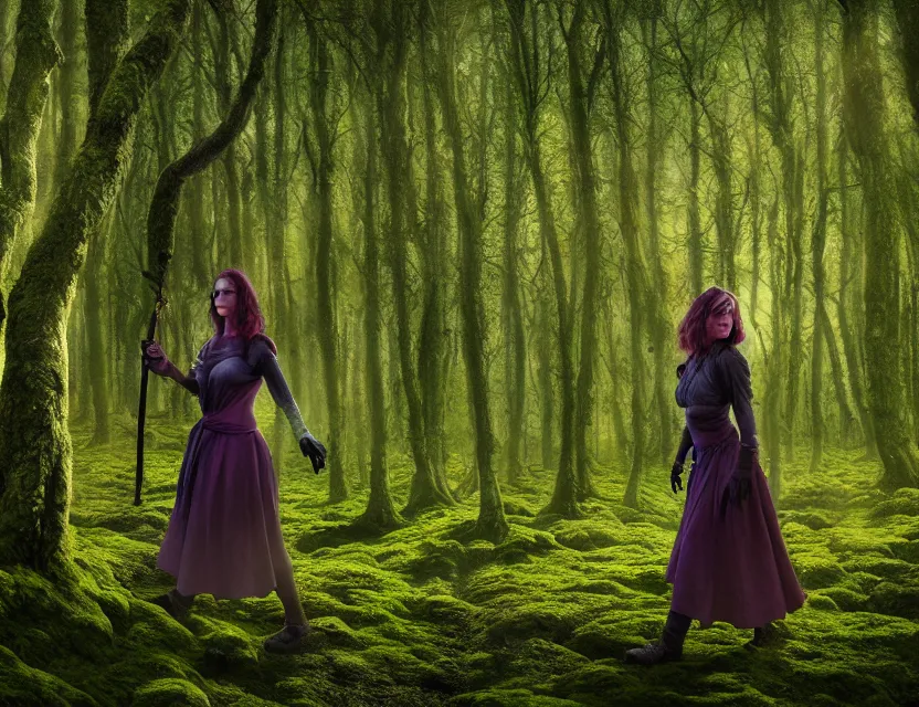 Prompt: ravenfolk woman wandering in the lichen woods. safe for work, complementary colors, professional photography, matte painting, luminescent, 3 d render, 4 k, rimlight.