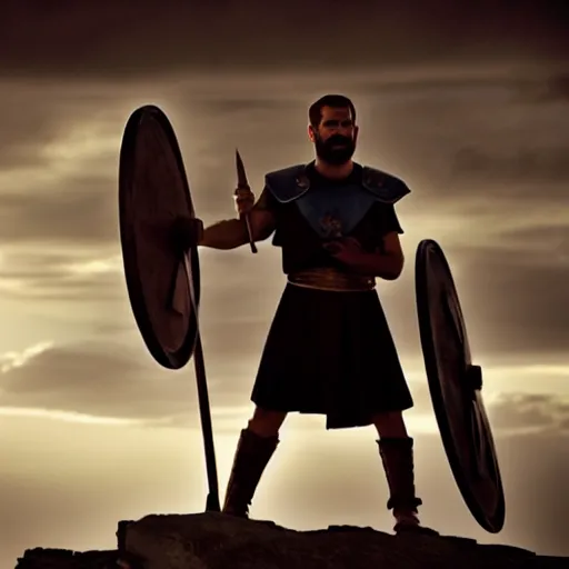 Image similar to cinematic film still of joe biden! as leonidas in 3 0 0 movie, 8 k, epic moody sky, dramatic lighting