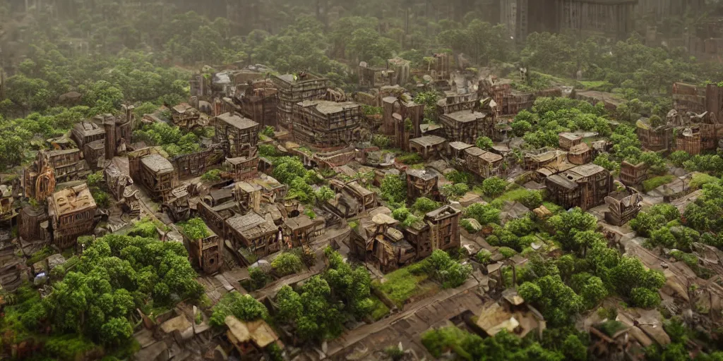 Prompt: a beautiful realistic detailed city carved in a wood, surrounded by mold and moss, photorealistic, octane render, volumetric lighting,