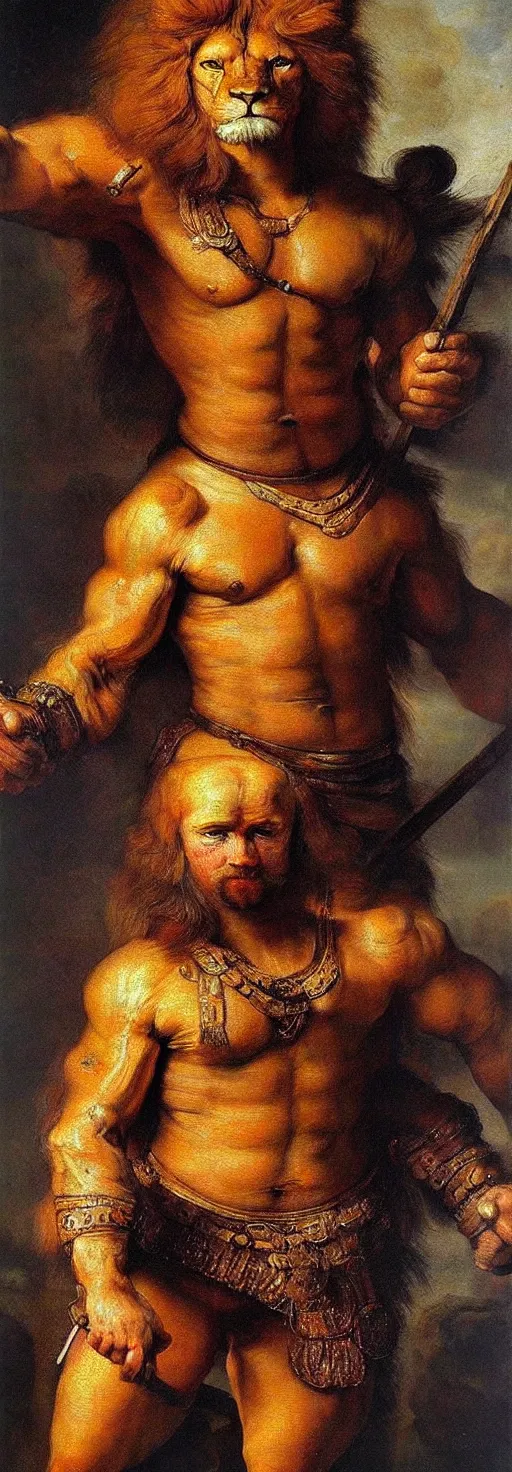 Prompt: muscular lion as barbarian ,very textured detailed oil painting by rembrandt