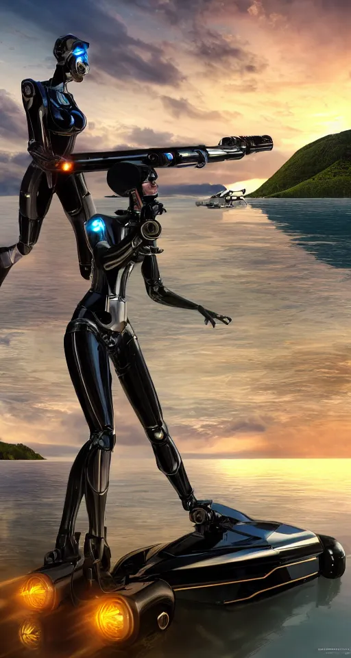 Image similar to a decadent futuristic sportscar designed by pinifarina and female robot holding a bazooka at a lake in ancient greece, hdr, hyperrealistic, photorealistic, bokeh, volumetric lighting, sunrise background, production i. g. studios style