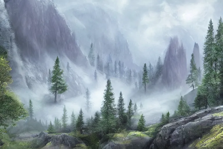 Prompt: beautiful swedish forest from the view of a mountain, misty, very detailed, fantasy landscape concept art