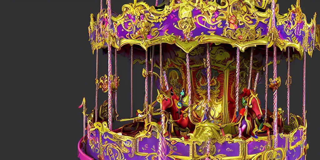 Prompt: a 3d sculpt of a colourful baroque evil circus carousel horse, dark souls