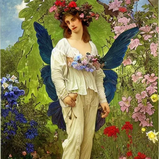 Image similar to an oil painting of a handsome garden angel with majestic wings standing in front of a cottage by arcimboldo and alphonse mucha and thomas kincade