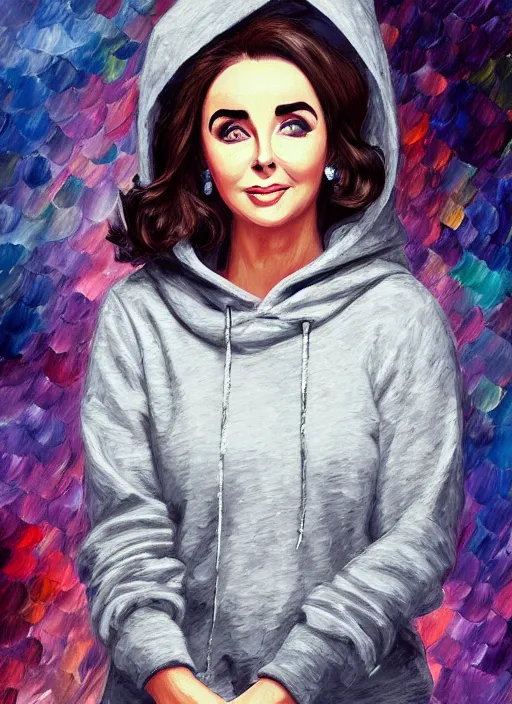 Image similar to elizabeth taylor, gray hoodie, jeans, tiara, half body shot, path traced, highly detailed, high quality, digital painting, alena aenami, leonid afremov, lilia alvarado, shinji aramaki, karol bak, alphonse mucha, tom bagshaw