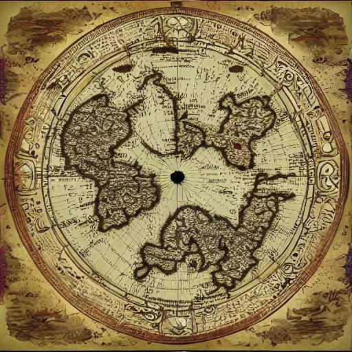 Prompt: ancient fantasy world map, antique intricate design, filigree finish, highly detailed