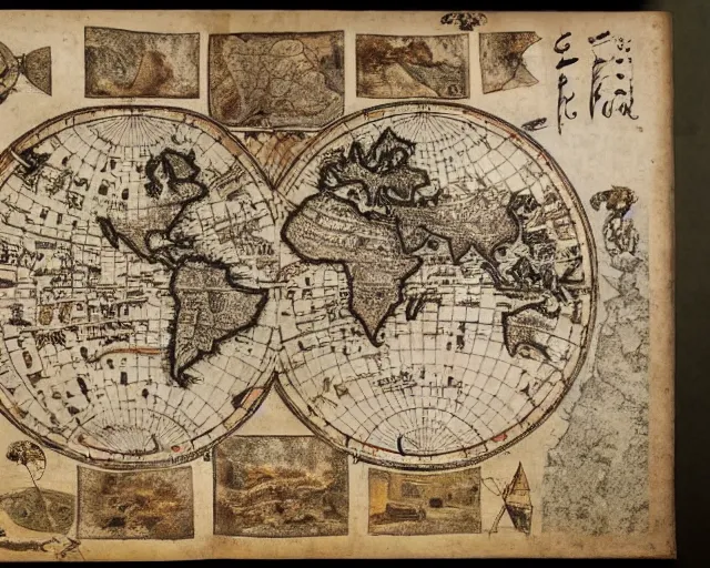 Image similar to highly detailed ancient map of the world, flat earth model, beautiful caligraphy and notations, beautiful detailed illustrations, ancient lost artefacts, 3 5 mm film photo