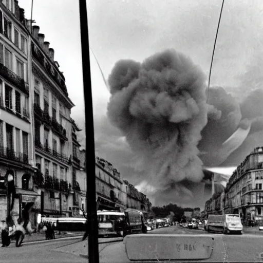 Prompt: Paris is bombed, over attacked nuclear bomb at night, photorealism photography Kodak 5219