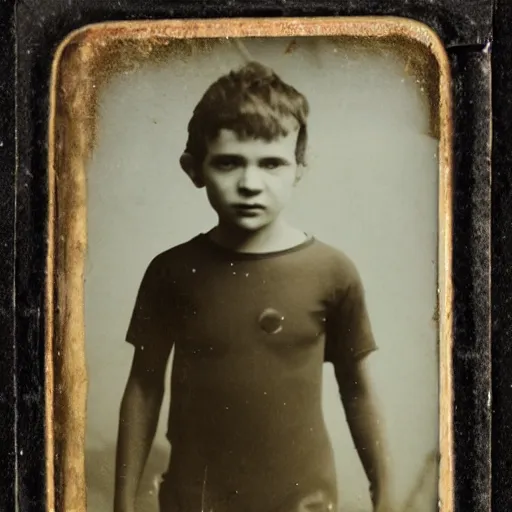 Prompt: tintype photo, swimming deep underwater, kid with huge Bigfoot