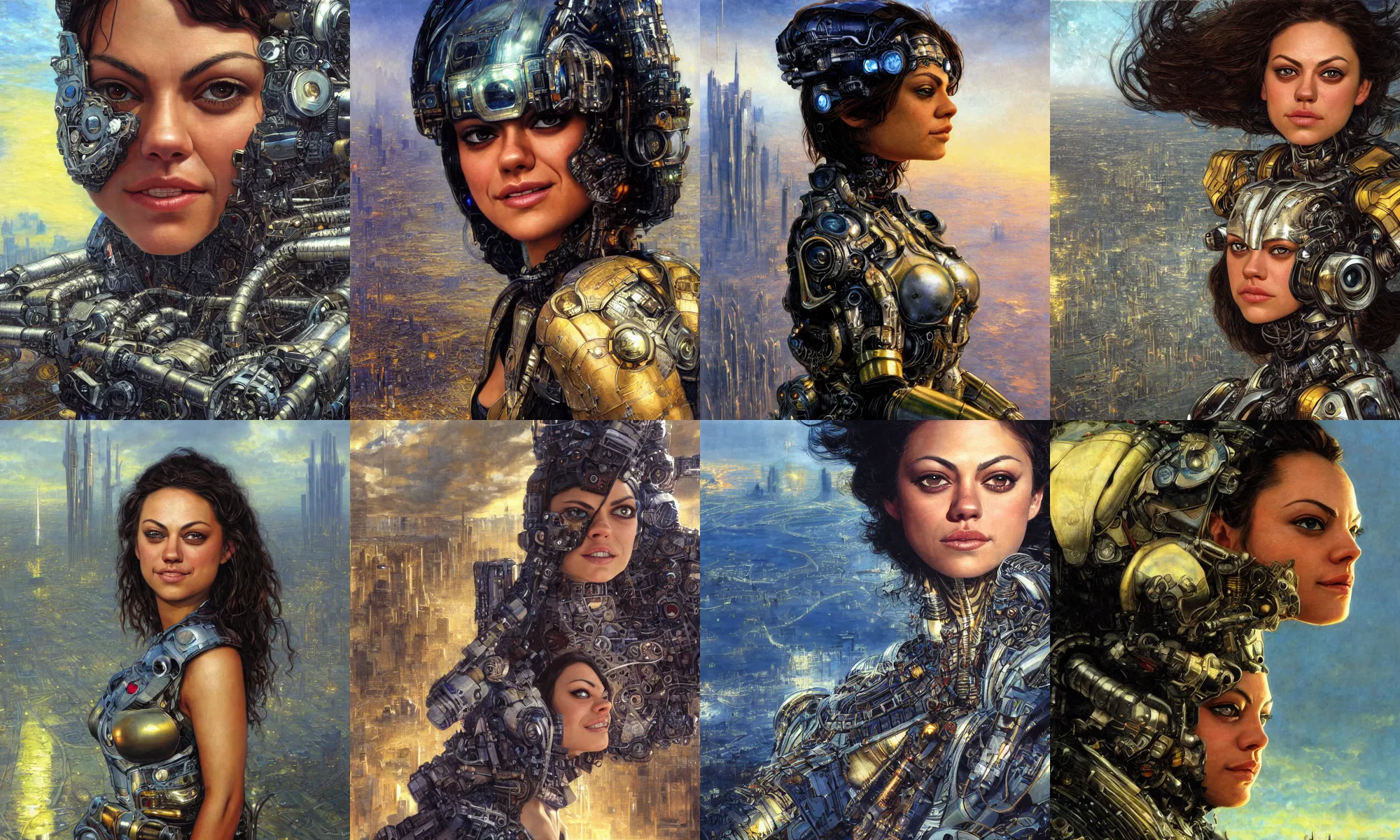 Image similar to close - up portrait of epic young mila kunis smiling into camera, intricate cyborg armor, vista of futuristic city, windy, golden hour, wlop, by gerald brom, by mikhail vrubel, by peter elson, muted colors, extreme detail, trending on artstation