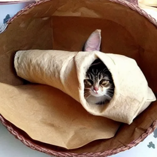 Prompt: a literal burrito made out of a cat, cute