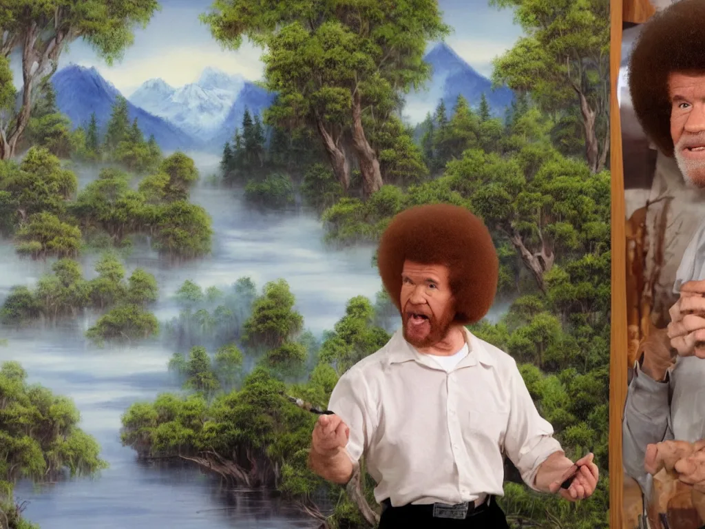 Image similar to bob ross is sad and angry and yelling at a huge nature painting by bob ross